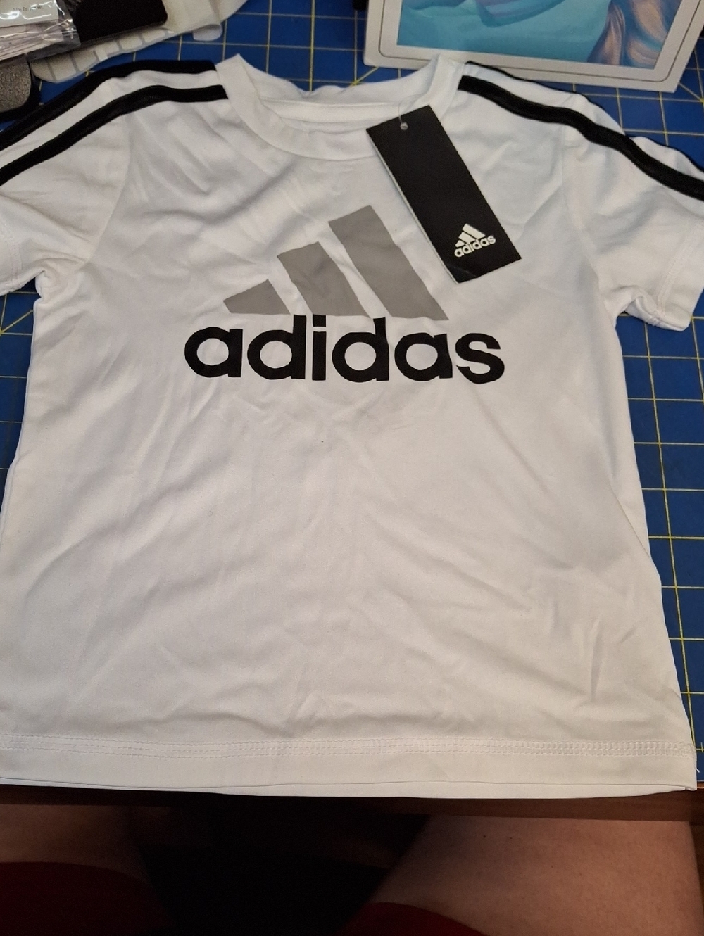 adidas White Tee with Black Logo and Shoulder Stripes 3T NWT